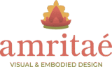 Amritaé Design logo featuring a stylised lotus flame symbol with the tagline “Visual & Embodied Design.”
