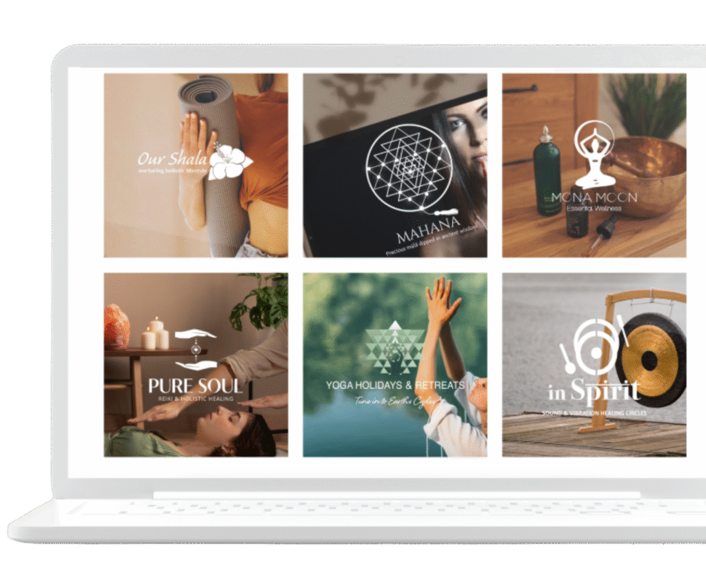 Logo design and visual identity examples displayed on a laptop, showcasing branded visuals for wellness and yoga businesses.
