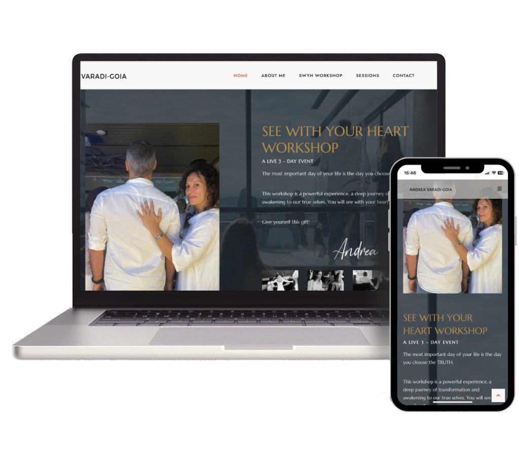Website design for Andrea Varadi-Goia’s “See With Your Heart” workshop, shown on laptop and mobile screens, created by Amritaé Design.